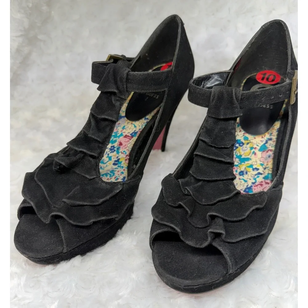 G by GUESS Black Ruffle Peep Toe Platform Pink‎ Floral Insole Size 10M Heels